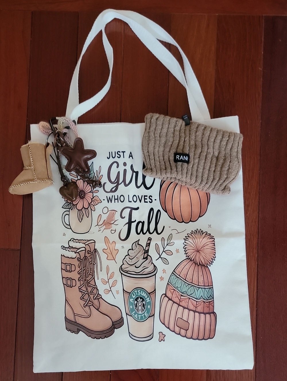 GIFTABLE TOTES/Fall Tote Bag in White with Pink-Tan Autumn Print SET